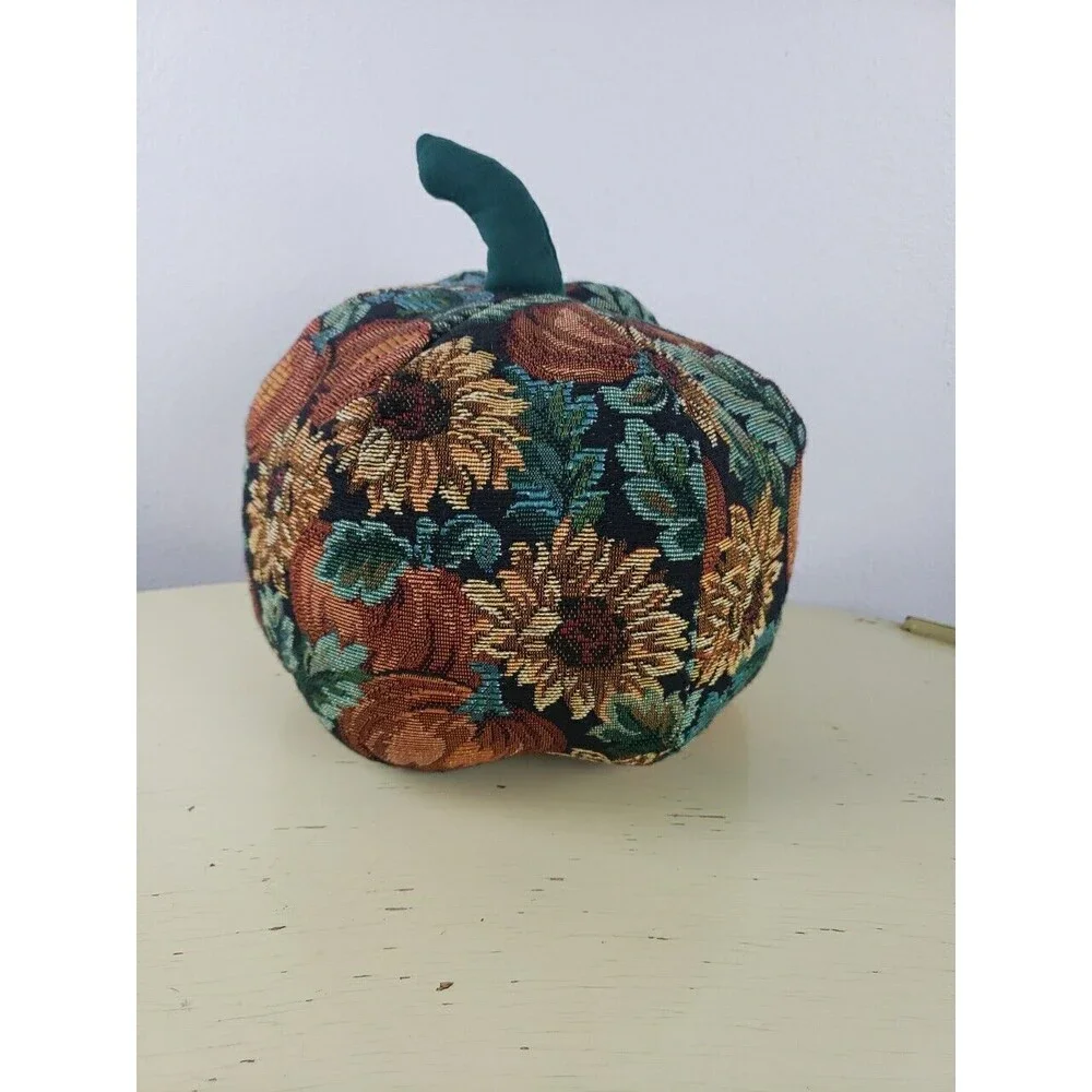 Vintage pumpkin jacquard floral fabric stuffed plush Halloween Thanksgiving